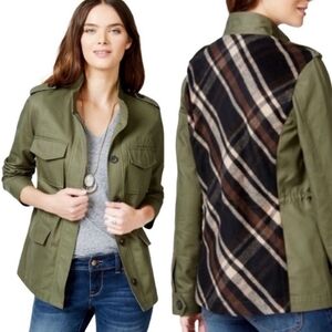 Lucky Brand Military Style Utility Stand Collar Front Button Plaid Back Jacket M